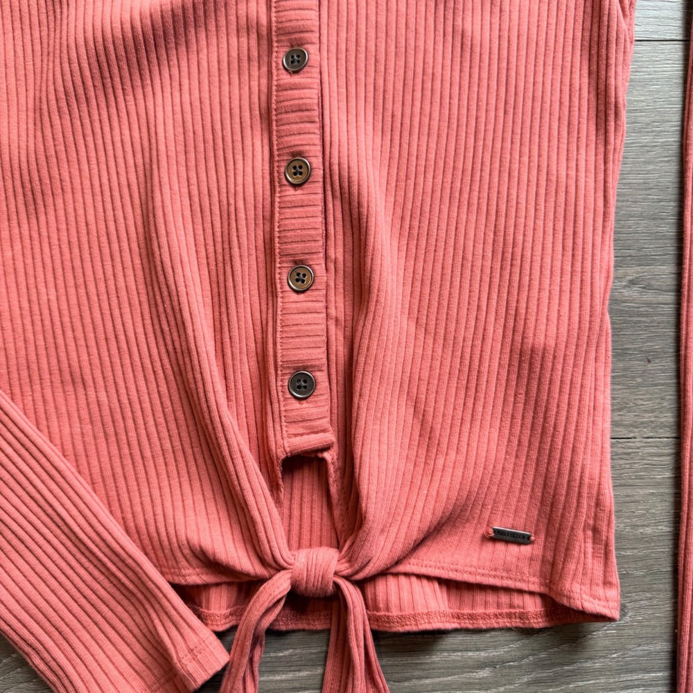 Hollister Ribbed Knit Cardigan Button Front Tie Waist Long Sleeve Coral Small - Picture 2 of 5